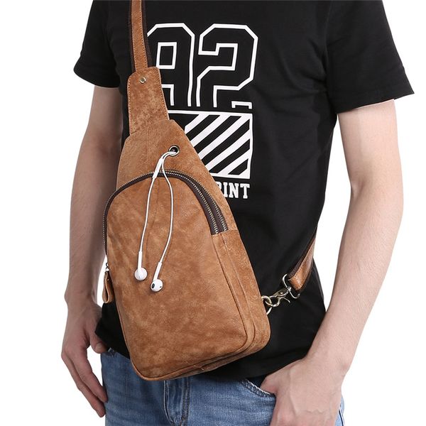 

nesitu vintage brown vintage soft skin real genuine leather women men chest bag male messenger bags with headphone hole m6401