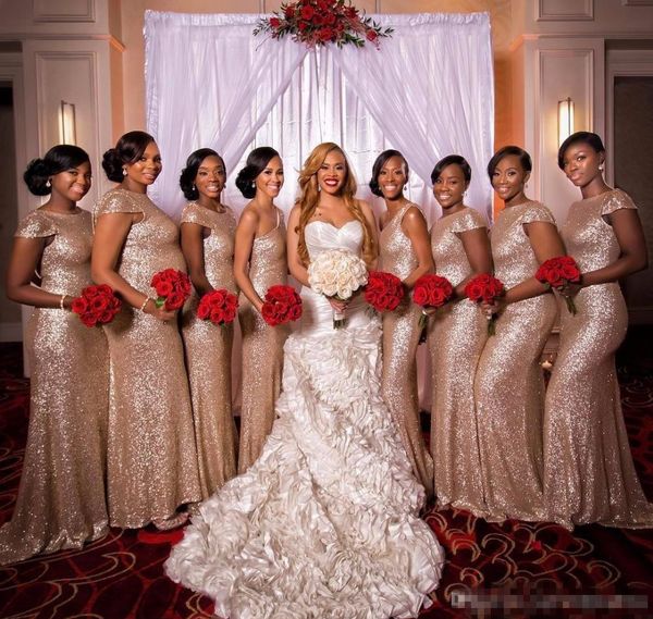 

2019 rose gold sequined long bridesmaid dresses jewel short capped sleeves mermaid party gowns back zipper sweep train custom made, White;pink