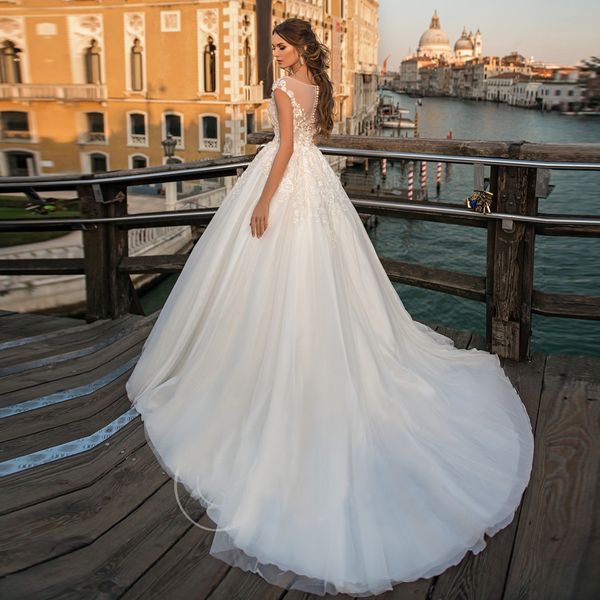 

2019 new arrive luxury chapel train ball gown wedding dress gorgeous appliques scoop vestido de noiva illusion back plus size, White