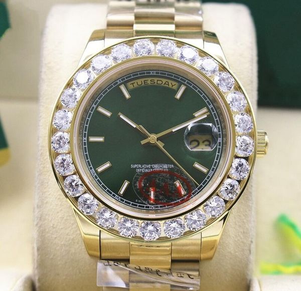 

luxury wristwatches yellow gold green dial 41 mm president day-date 18038 bigger diamond bezel automatic mechanical men watches, Slivery;brown