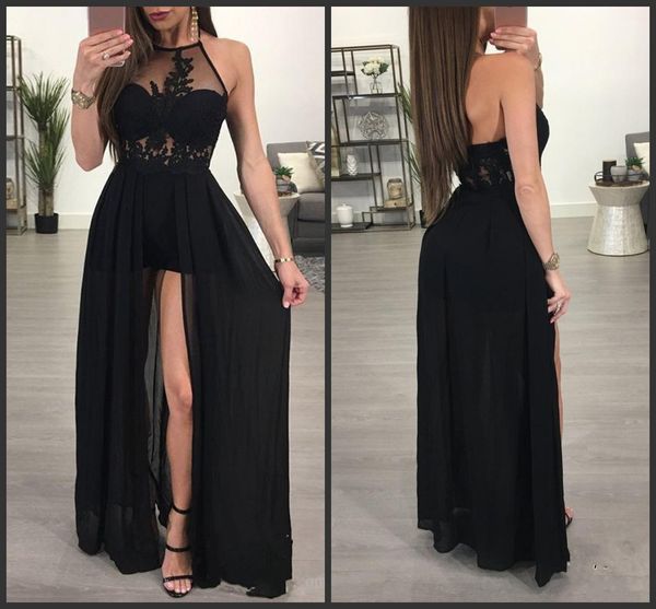 

2019 new long black prom dresses see through halter front split evening party gown lace applique chiffon floor length a line vestidos festa