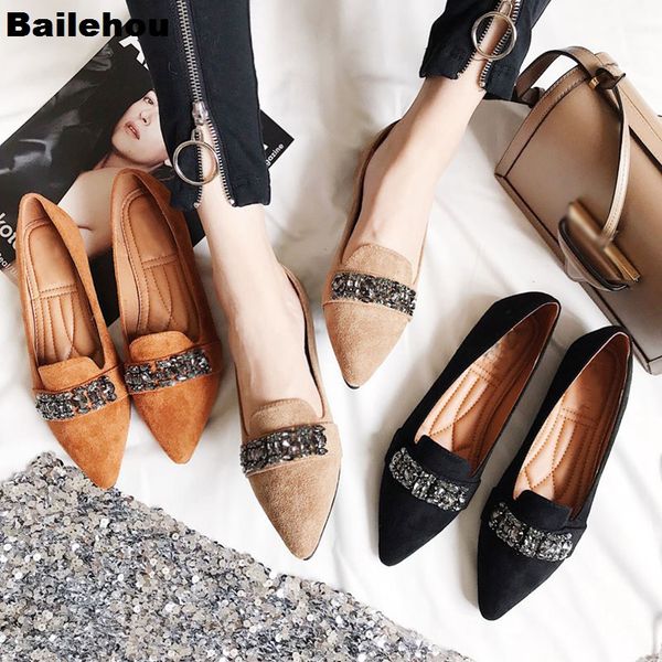 

bailehou women flat ballet shoes pointed toe shallow slip on crystal women single shoes ladies comfortable flats zapatos mujer, Black