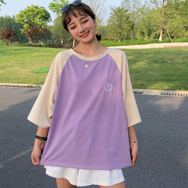 

2018 summer new ulzzang harajuku print tee shirt casuall loose long t shirt women splice cozy t-shirts female, White