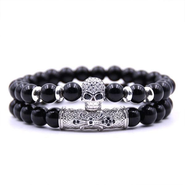 

wholesale 2pcs/set silver 4 color skull head lava natural stone beads men bracelet set charm bracelets bangles jewelry, Black