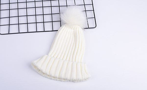 

autumn winter warm big girl knitted hat faux fur ball beanie crochet knitting caps mother woman hats, Yellow