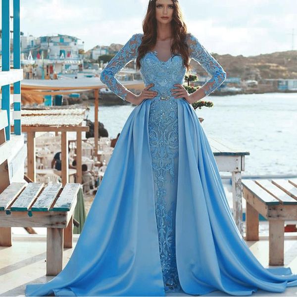 

vintage mermaid blue evening dresses with detachable train lace celebrity gown jewel neck long sleeves satin peplum evening wear, Black;red