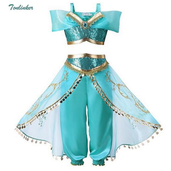 

halloween christmas party cosplay kids girls princess jasmine costumes for children party belly dance dress costume 2ps, Black;red