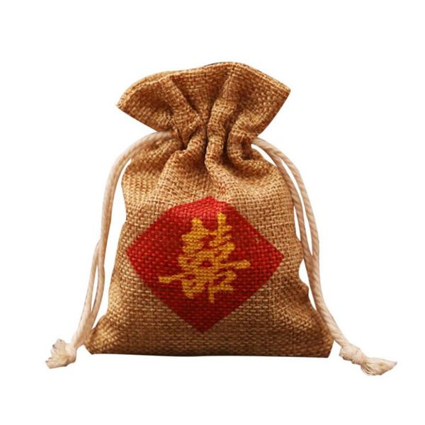

burlap favor bag" double happiness " chinese words printing wedding marriage party candy gift bag za6937