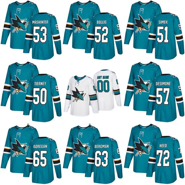 

2017-2018 Season 50 Chris Tierney 51 Radim Simek 52 Bollig 53 Mashinter 57 Nick DeSimone San Jose Sharks Custom Hockey Jerseys