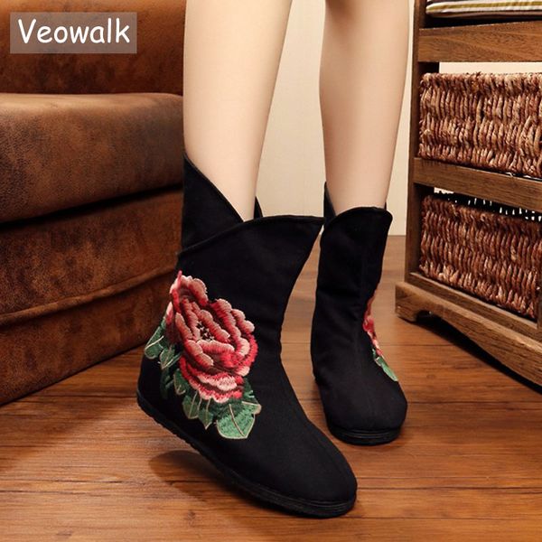 

veowalk chinese women embrodiery boots old beijing flower embroidered women's casual soft cotton wedges booties shoes, Black