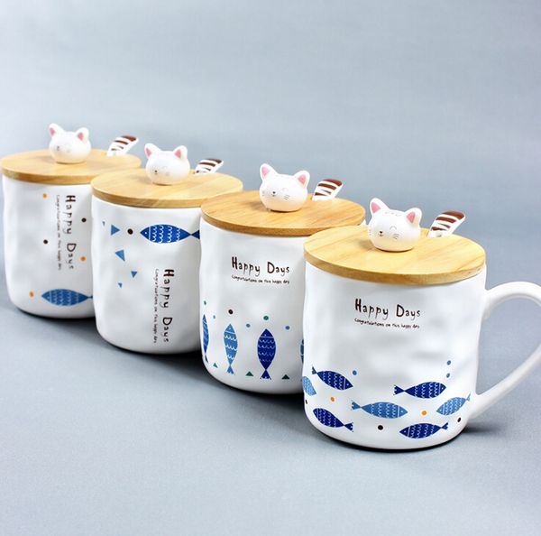 

ceramic breakfast milk cup cartoon ceramic cup japan zakka creative cat and fish cup with cover spoon