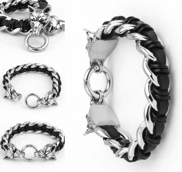 

Mens Stainless Steel Bracelet Dual Wolf Head Genuine Leather Braided Curb Chain Bracelet For Biker Jewelry Support FBA Drop Shipping G831R