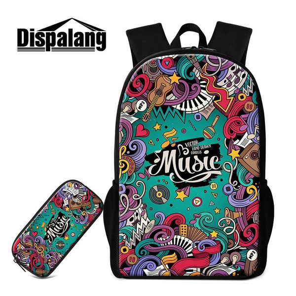 

2 pcs/set backpack school bag pencil case for elementary students unique musical note pattern bookbags for children 16 inch large rucksack