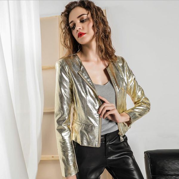 

autumn fashion brand silver golden color street style leather jacket women's great quality british style leather jacket wq384, Black