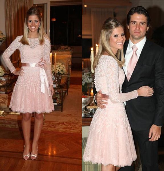 

long sleeve knee short wedding dresses 2018 vintage blush pink jewel neck tulle applique lace bridal gowns with ribbon handmade flowers z, White