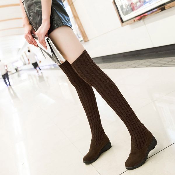 

woman sock boots heels over the knee botas feminina woolen woman long boots elastic botines 2016 autumn winter new brand, Black