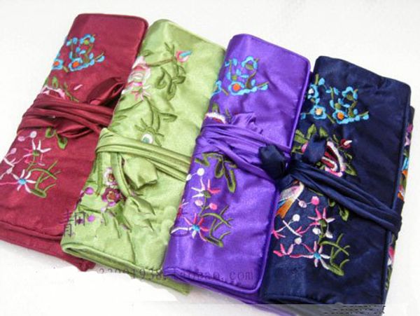 

folding embroidery flower bird jewelry roll up bag silk zipper pouch drawstring travel makeup storage bag large women cosmetic bag 10pcs/lot, Pink;blue