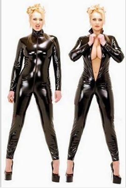 Hot Sexy Black Catwomen Jumpsuit PVC Spandex Látex Catsuit Trajes para mulheres Ternos de corpo fetiche vestido de couro mais tamanho XS-5XL