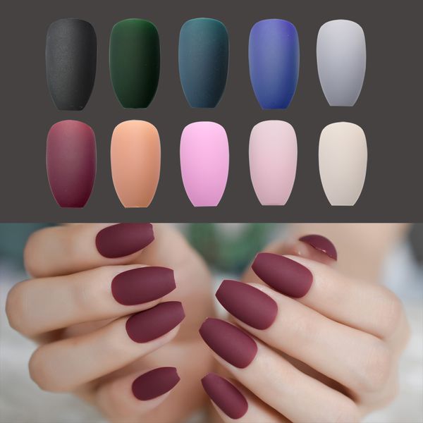 

matte ballerina nail art tips burgundy blue black green false coffin nails soft nude pink grey flat shape manicure fake nail, Red;gold