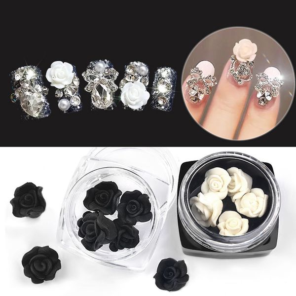 

5 pcs pure hand made production soft ceramic black white roses 3d nail art decoration accessories new nail decorations 2018, Silver;gold