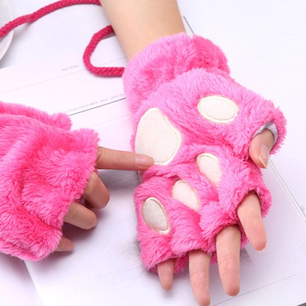 

women plus velvet thickening half-finger flip keep warm gloves wrist mittens female winter fingerless gloves fluffy bear, Blue;gray