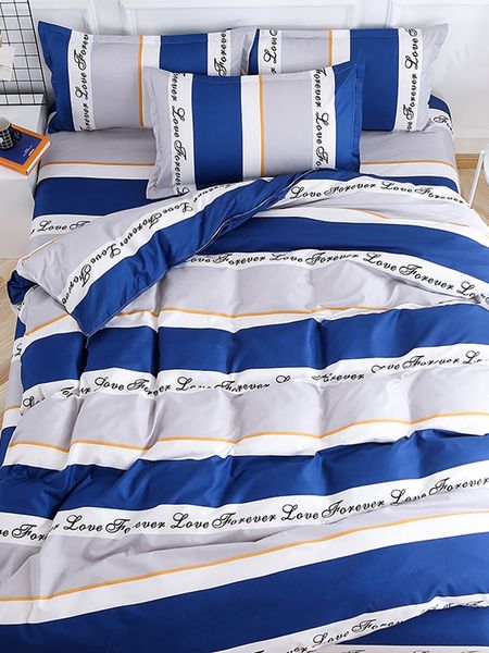 

4pcs bedding set modern striped pattern deep blue grey comfy bed cover set
