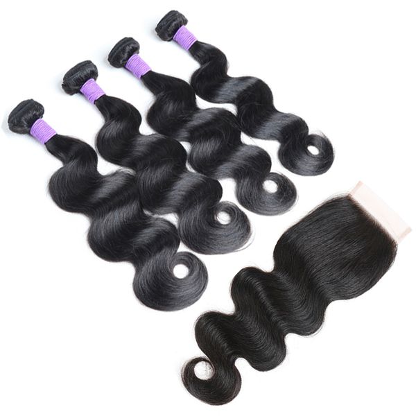 

Brazilian body wave human virgin hair weave with 4x4 lace clo ure bleached knot 100g pc natural black color double weft hair exten ion