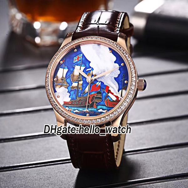 

new limited classico 8156-111-2 miyota 821a automatic mens watch blue sailboat dial gold diamond bezel leather strap sport watches, Slivery;brown