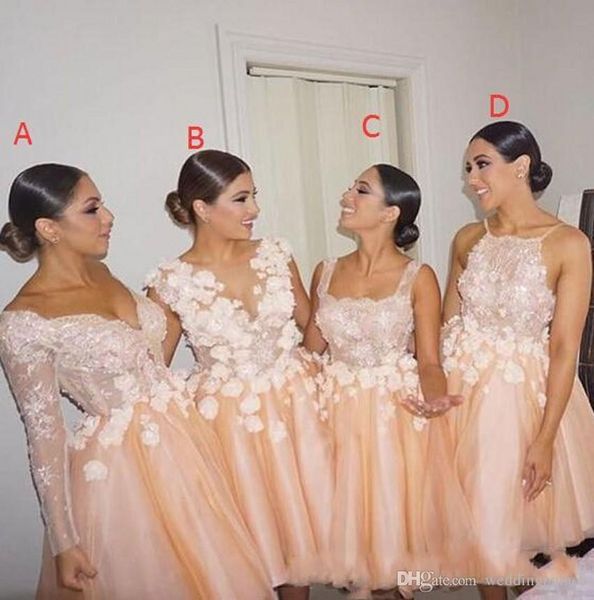 2020 bola gwon short tulle pérola rosa dama de honra vestidos diferentes estilos mesmos cor plus tamanho manga comprida vestidos de baile com flores brancas