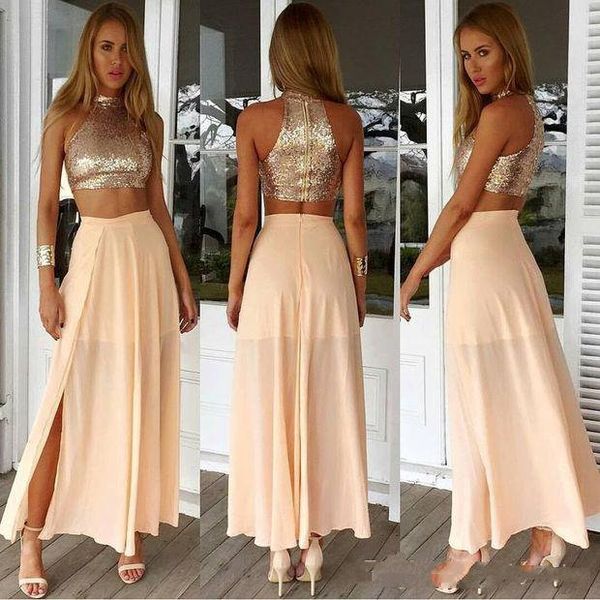 Kostenloser Versand Heißer Verkauf Zwei Stücke Abendkleider 2020 Pailletten Top Chiffon Rock Seitenschlitz Lange Teil Prom Kleider Frauen urlaub Kleid Billig