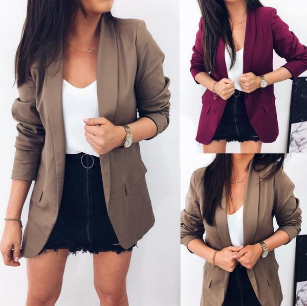 

women fashion lapel long sleeve blazer coats jackets ladies casual solid color thin slim office lady cardigan outwear, White;black