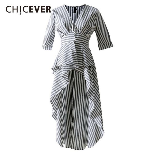 

chicever striped women shirts blouses female tunic high waist ruffles asymmetrical shirt blusa clothes fashion korean, White