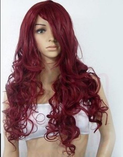 

32"stylish long dark red curly health like real hair women's wigs, Black