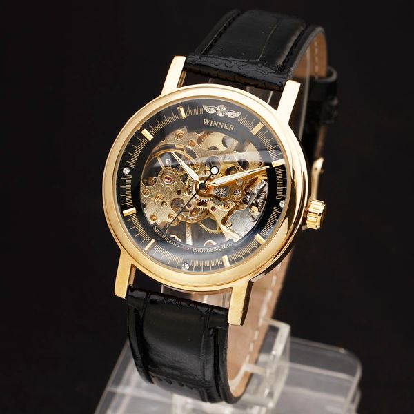 

new winner hollow mechanical hand-wind men women watches classic carving skeleton gold dial genuine leather strap wrist watch, Slivery;brown