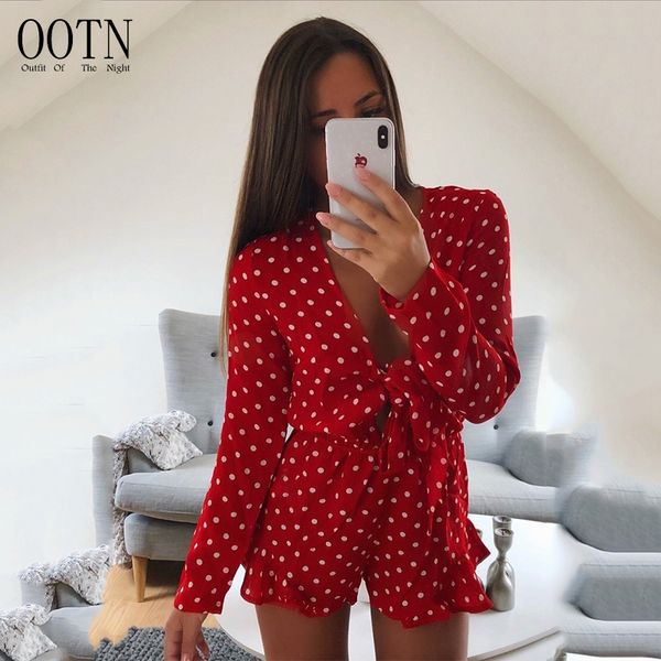 

ootn polka dot long sleeve jumpsuit red women hollow out overalls female short jumpsuit romper front tie ruffle 2018, Black;white