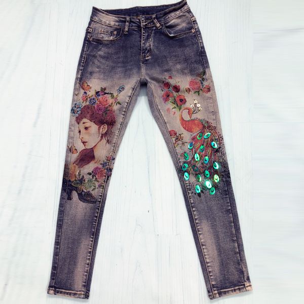 

2018 new 3d printing jeans brand woman sequined denim pencil pants stretch pants women beading jeans plus size a505, Blue