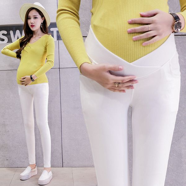 

autumn fashion maternity legging low waist belly stretch cotton skinny pants clothes for pregnant women pregnancy wear, White