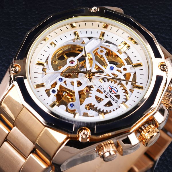 

gold watches men automatic mechanical skeleton watch men steel wristwatch male clock relogio masculino, Slivery;brown