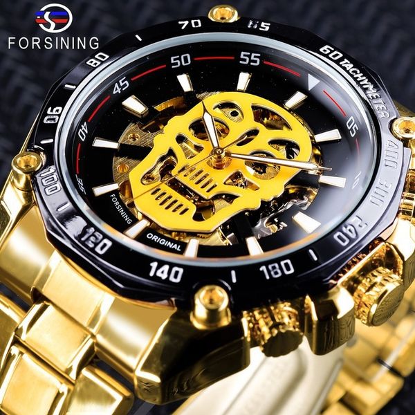 

forsining men automatic sport watch 3d skull transparent golden stainless steel luminous design skeleton clock, Slivery;brown