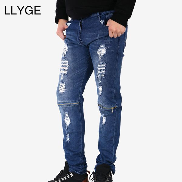 

llyge hi-street mens knees zipper ripped rider biker jeans slim fit washed 2018 rightclub denim pants joggers skinny mens p, Blue