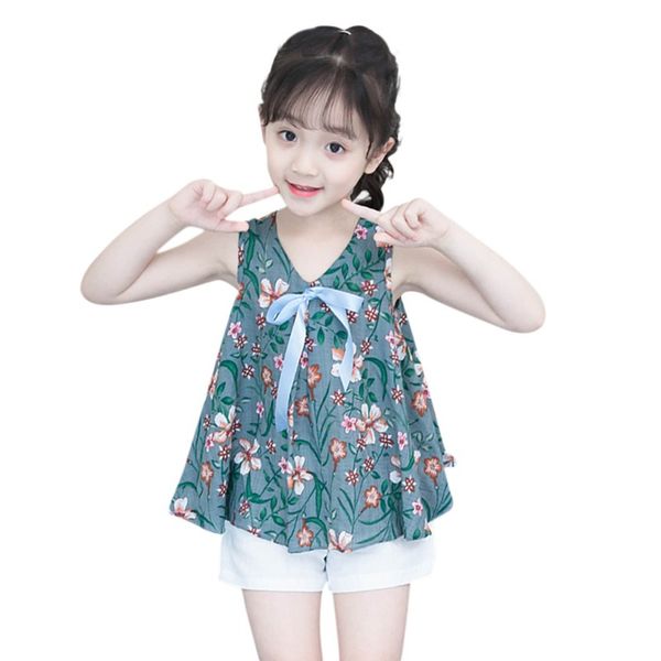 

baby clothes girl children sets chinese style floral sleeveless vest+white short kids clothing sets summer 2pcs