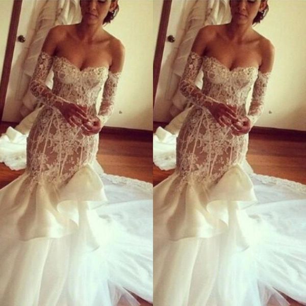 

сексуальные низкие кружевные свадебные платья русалка с открытыми плечами длинные рукава свадебные платья часовня поезд спинки свадебные пла, White