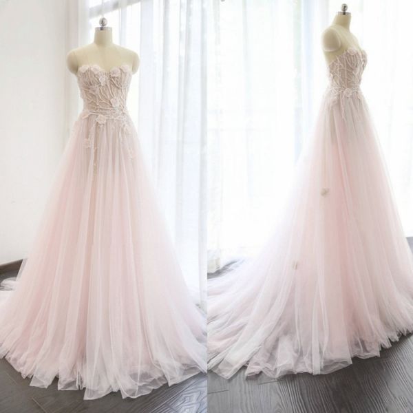 

real image 3d floral appliqued wedding dresses sweetheart blush pink tulle a line 2018 bridal gowns custom made wedding dress, White