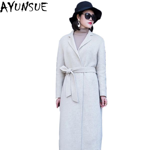 

ayunsue новая мода 2018 зима теплая шерсть пальто женский с длинным рукавом двухсторонние кашемировые пальто с поясом макси длинные overcaot, Black