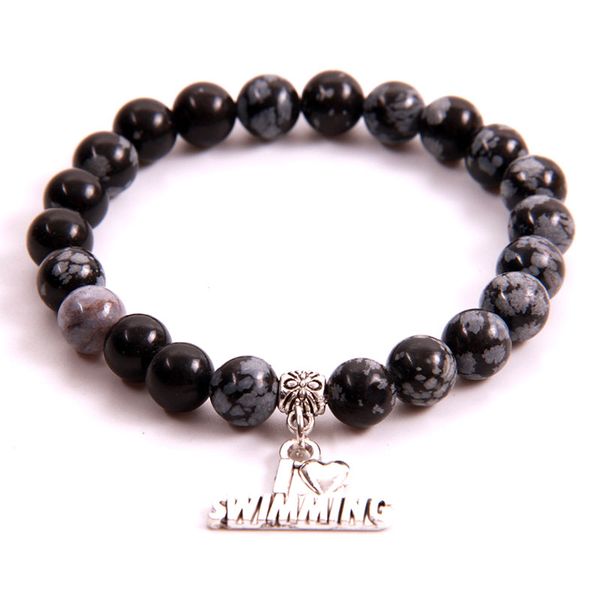 

ncrhgl 2018 new popular 8mm beads bracelet i love swimming charm natural stone beaded bracelets bangles jewelry women men, Black