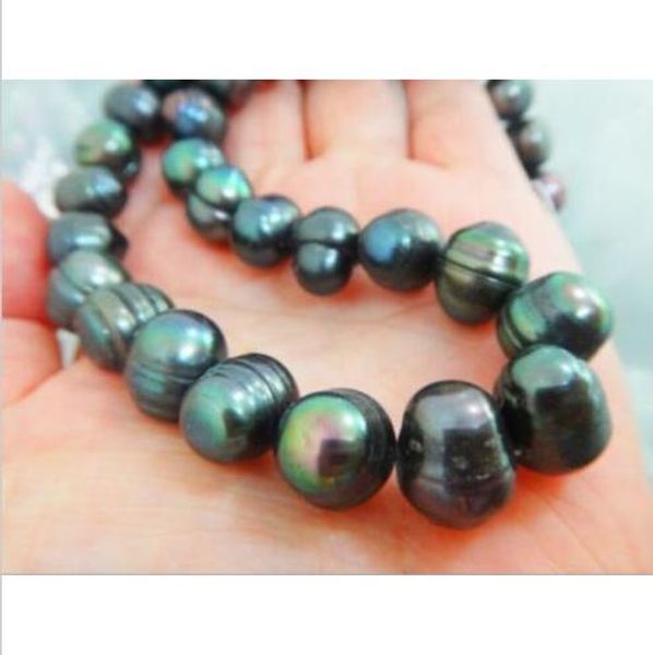 

genuine natural 18" 10-12mm black tahitian pearl necklace 14k yellow gold clasp, Silver