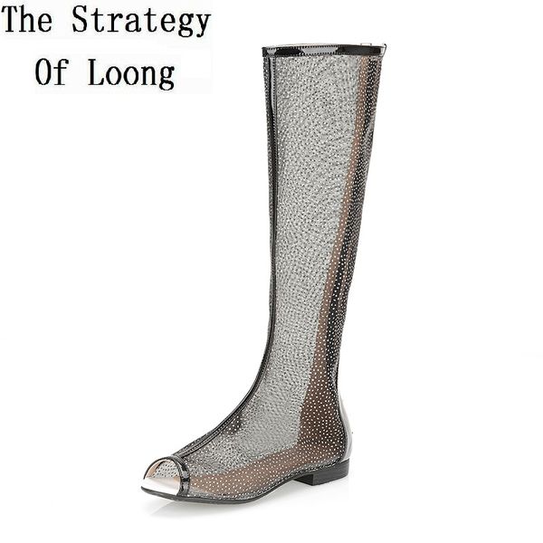 

2017 new summer women flats cut out long boots open the toe summer boots knee high gladiator peep toe sandals sxq0604, Black