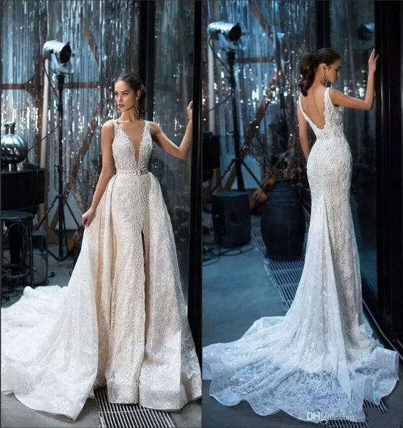 

gorgeous mermaid wedding dresses 2020 design v neck detachable train split front french lace vestido de novia summer bridal gowns, White