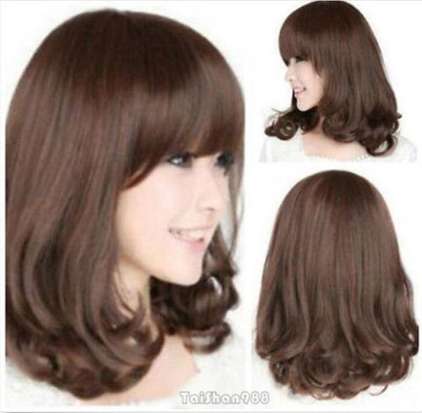Hot Sell Brown Straight Wavy Medium Bob Bangs Women S Lady S