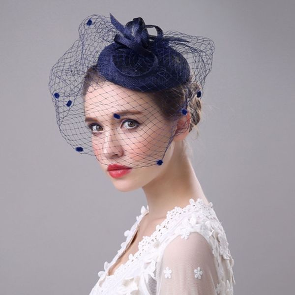 

100% handmade fedora womens hat cap fedoras dress fascinator linen felt pillbox hat party headwear wedding bow veil, Blue;gray